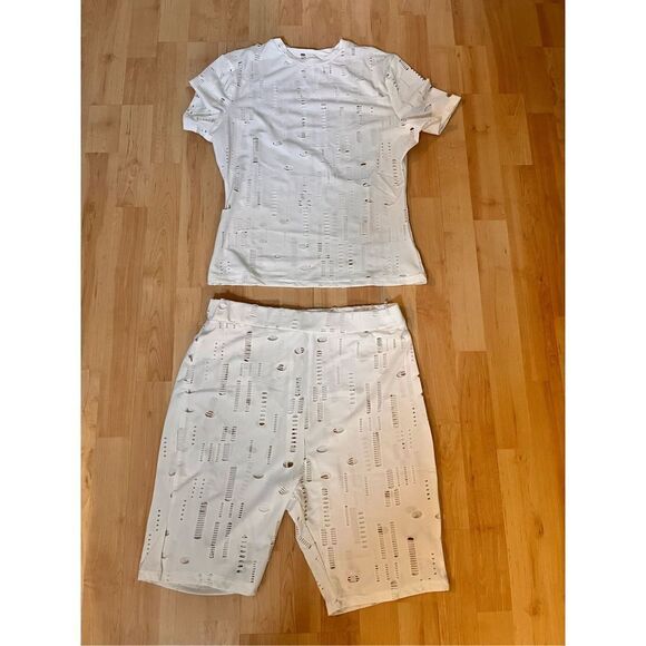 NEW Hollow Out 2 Pc Outfit Bodycon High Waisted Shorts L - Picture 1 of 2